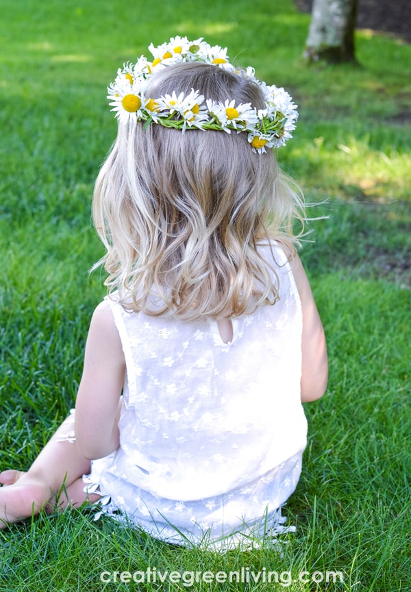 Step by step tutorial for how to make a flower crown from daisies. The DIY tutorial shows you how to make a daisy chain from wildflowers. This same technique works to make a flower headband or flower crown from any soft stemmed flower like daisies, dandelions or other wildflowers. #daisycrown #daisychain #flowercrown #naturecrafts