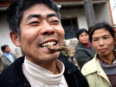 Chinese Man eats live snake with beer