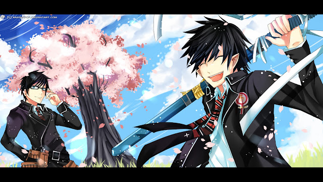   -Ao no Exorcist -Wallpaper -Rin -Yukio - Samurai Sword -Cherry Blossom Glasses haft demon katana clouds blue sky happy smiling boys males guys anime hd wallpaper desktop pc background 0021.