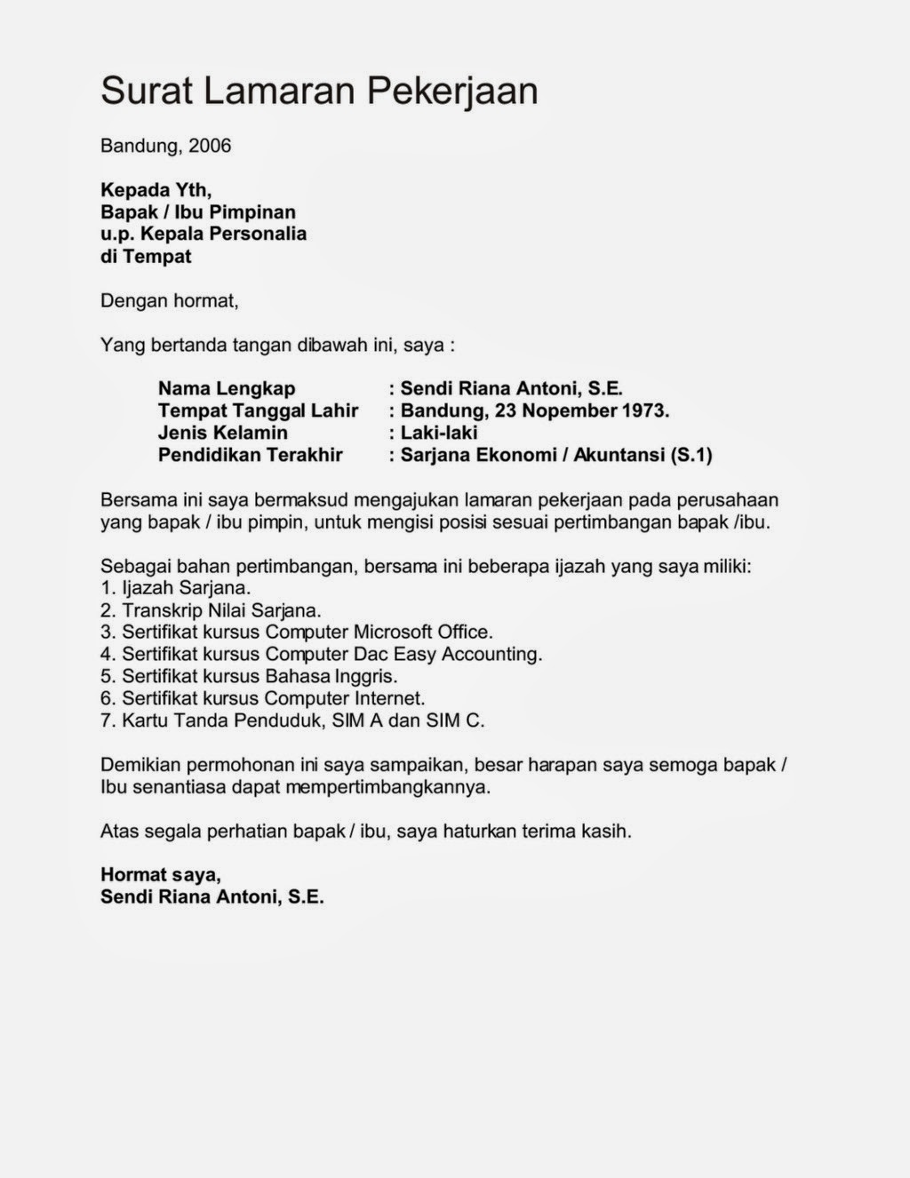 Contoh Surat Lamaran Kerja Lengkap Update Kumpulan 