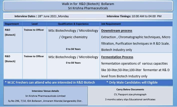 Job Availables, Sri Krishna Pharmaceuticals Walk In Interview For Freshers and Experienced MSc- Biotechnology/ Microbiology/ Organic Chemistry