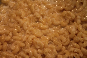 Macaroni mixed with modernist cheddar cheese sauce