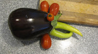 eggplant, tomato, and pepper chicken art