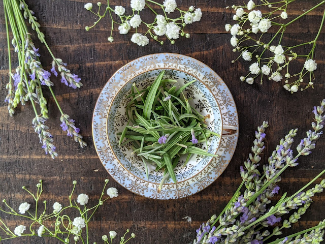 A vintage English teacup holds dried lavender leaves, surrounded by lavender buds and babysbreath flowers