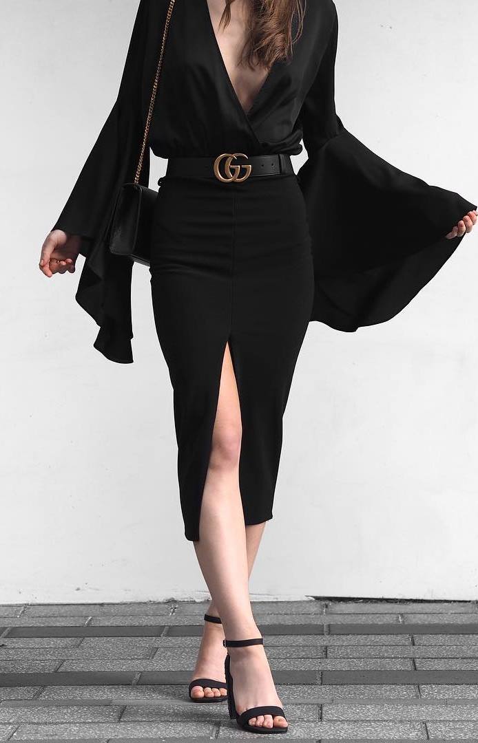 trendy black outfit idea / blouse + pencil skirt + bag + heels