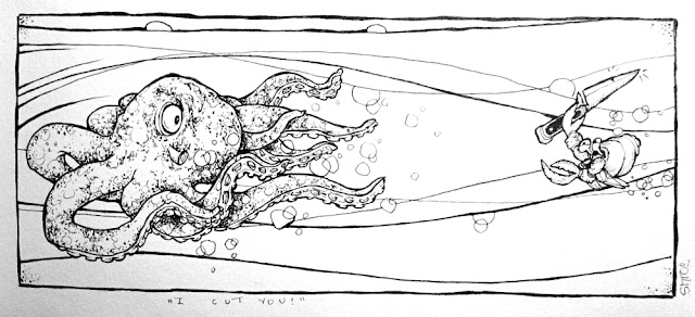 I cut you - a crab with a knife chasing an octopus, a humorous ink pen doodle drawing by Shroo. Artyshroo