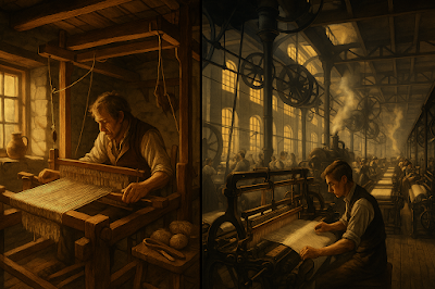 A split-image illustration: Left side shows a hand-weaver in a cottage with simple tools; right side shows a bustling 19th-century textile factory with steam-powered machines. Dramatic lighting highlights the contrast.