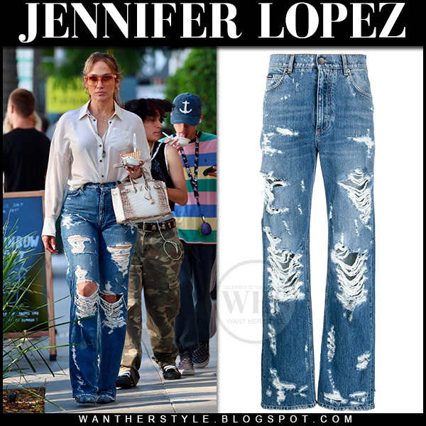 Jennifer Lopez's White T-Shirt and Printed Flared Pants
