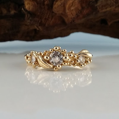 Moissanite Leaf Engagement Ring, Dawn Vertrees, One-of-a-Kind, Three Moissanite Diamonds Engagement, Gold Moissanite Engagement Ring, Three stone engagement Ring, 3 stone wedding band, Leaf Moissanite engagement ring, Twig Moissanite Engagement Ring