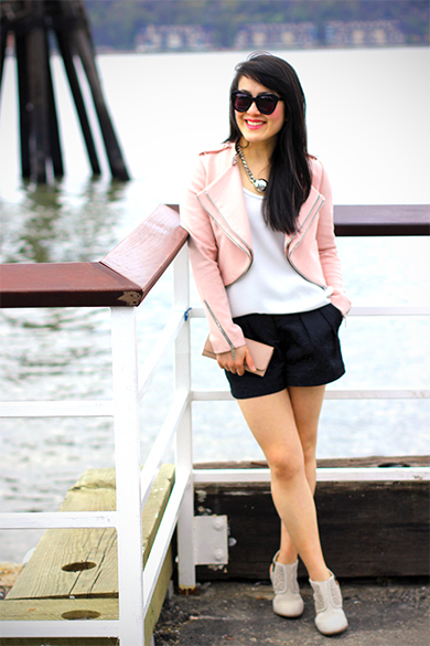 Zara pink moto jacket with zips with Witchery black embroidered shorts