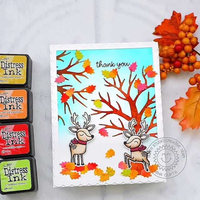 Sunny Studio Stamps: Autumn Tree Die Focused Card by Isha Gupta (featuring Reindeer Games, Fancy Frame Dies)