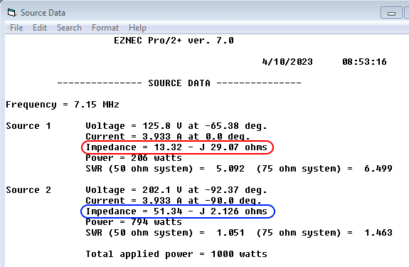 EZNEC showing drive impedances