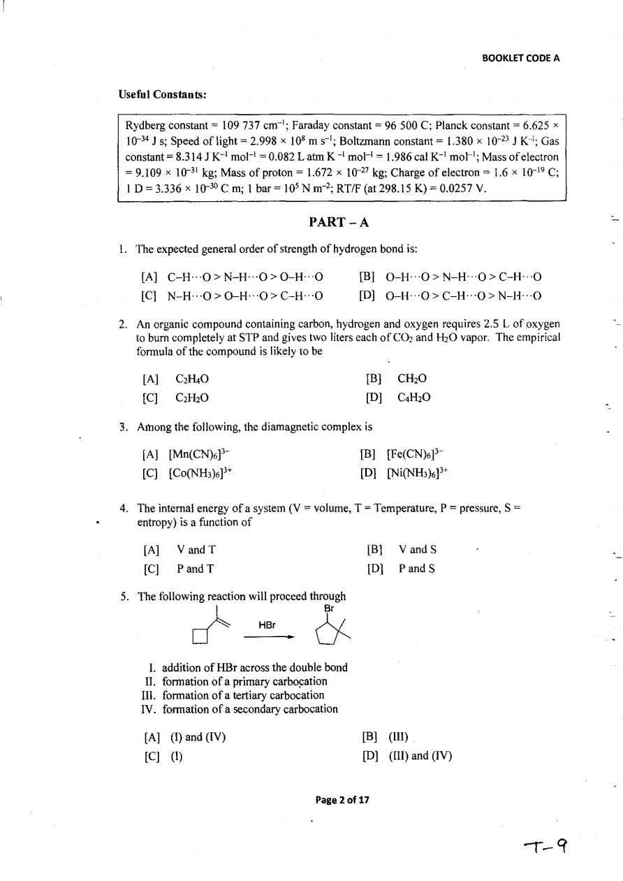 Entrance Exam Question Paper'2019 for M.SC in Chemistry Guahati University