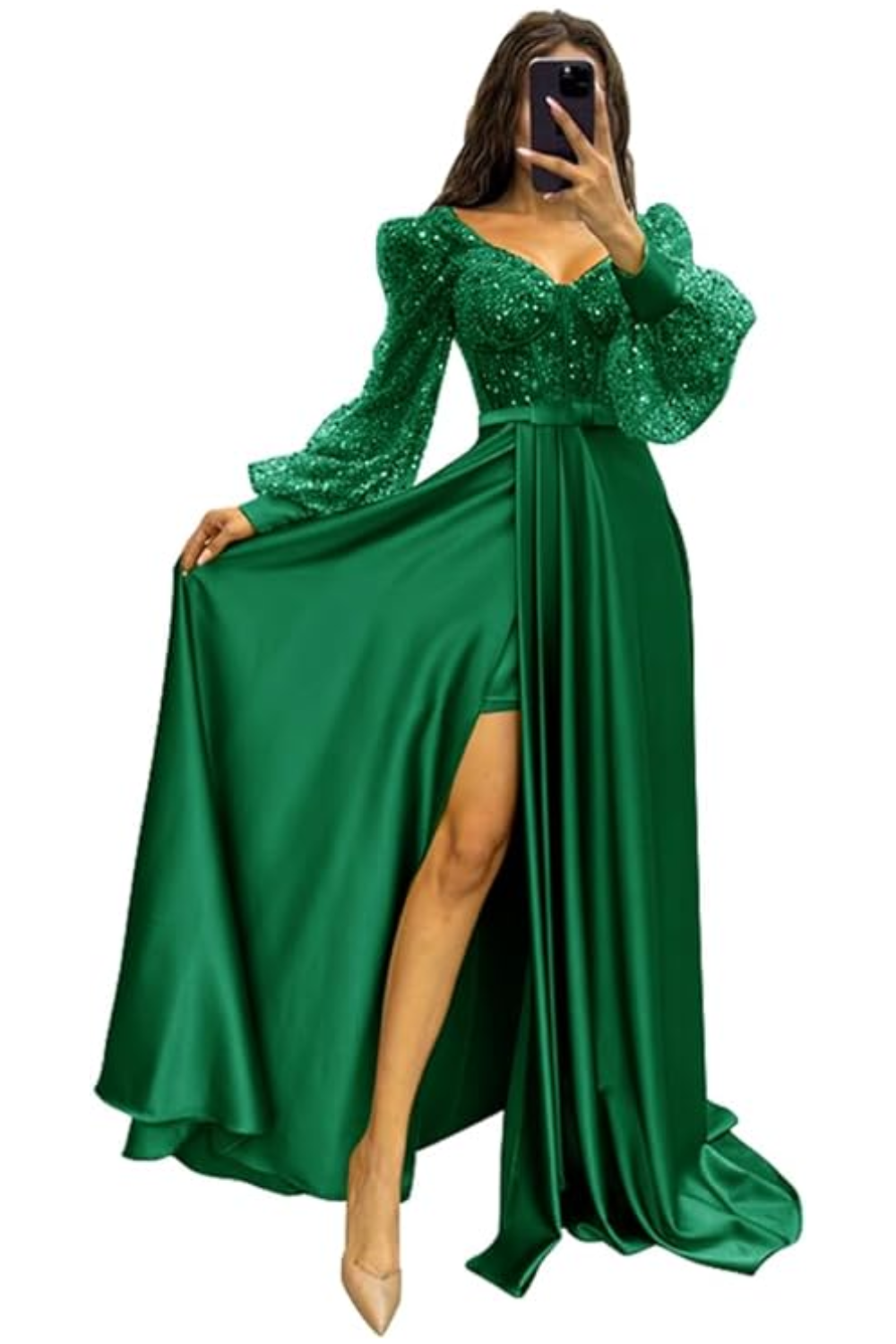 Tsbridal Long Sleeve Sequin Prom Dresses with Slit Satin Formal Evening ...