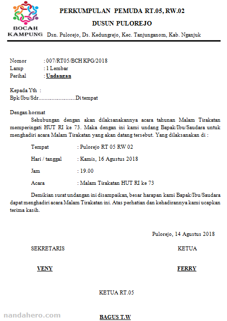 Contoh Surat Undangan Malam Tirakatan 17 Agustus (HUT RI 