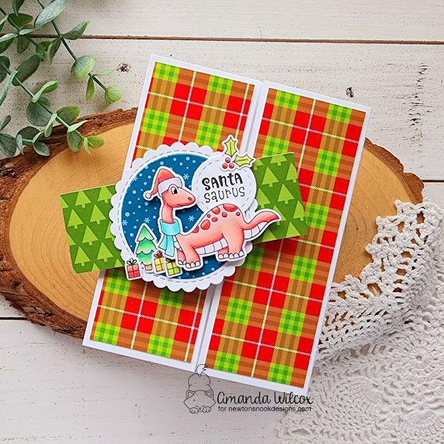 Santa-saurus Card by Amanda Wilcox | Pre-historic Christmas Stamp Set, Circle Frames Die Set, Frames Squared Die St and Christmas Time Paper Pad by Newton's Nook Designs #newtonsnook #handmade