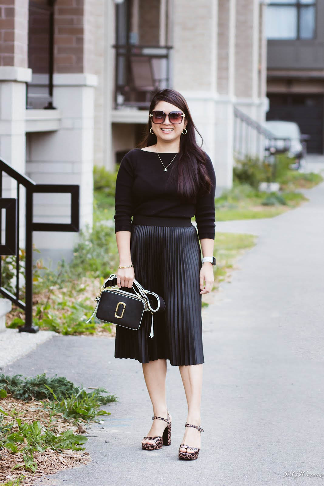 Boat Neck Knit Top | Faux Leather Pleated Skirt | Marc Jacobs Sure Shot Bag | Square Sunglasses | Platform Heels | Petite Fashion | Casual Outfit Idea