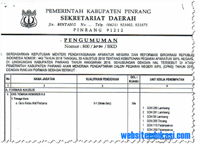 Pengumuman Pendaftaran CPNS 2018 Kabupaten Pinrang