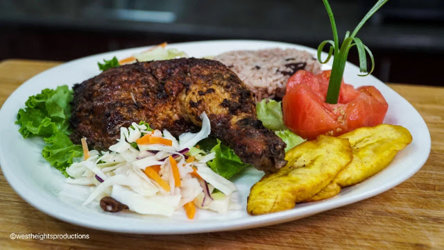 Jerk Chicken Dinner with Rice & Peas, Plantains & Salad