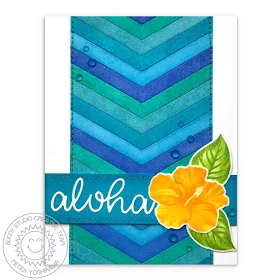 Sunny Studio Stamps: Hawaiian Hibiscus Yellow & Aqua Aloha Layered Flower Card (with background using Frilly Frames Chevron Dies)