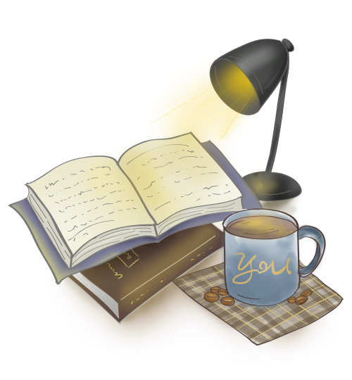 lamp open book and coffee mug