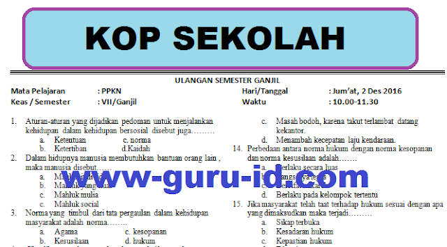 gambar Download Soal Ulangan Semester Ganjil PKN kelas VII Tahun Pelajaran 2016/2017