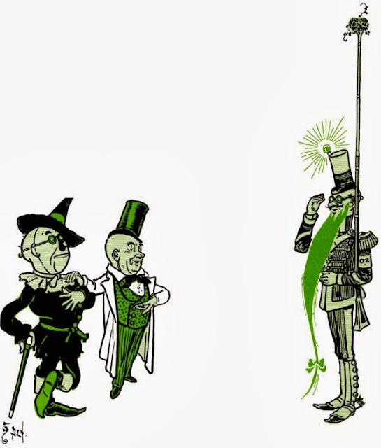 The Wizard presents the Scarecrow to the soldier with the green whiskers.