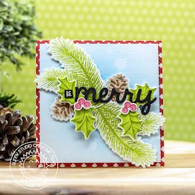 Sunny Studio Stamps: Christmas Trimmings Merry Word Die Festive Greetings Holly & Pine Cluster Be Merry Card by Eloise Blue