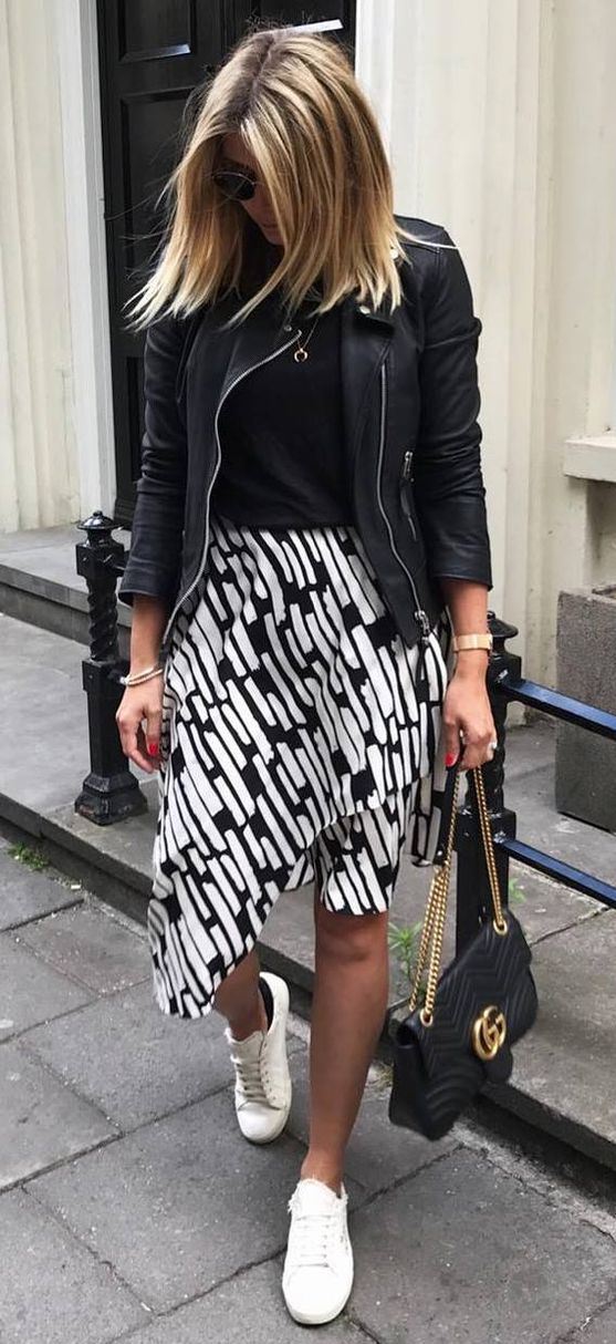 trendy outfit / black jacket + top + midi skirt + sneakers +  bag