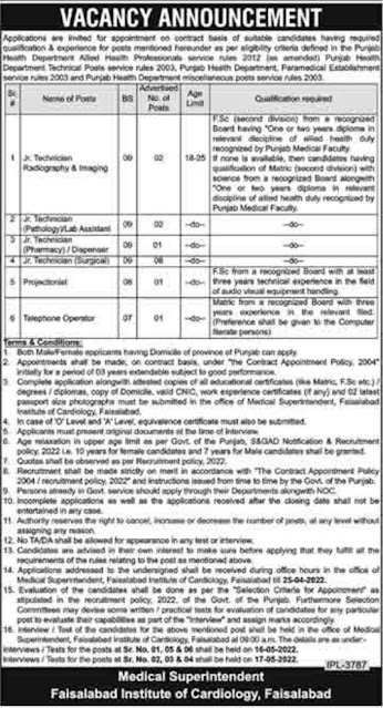 Faisalabad Institute of Cardiology Jobs 2022 For BS-09 & BS-07 Advertisement