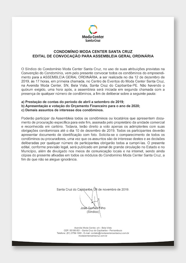 Edital de Convocação para Assembleia Geral Ordinária do Moda Center Santa Cruz