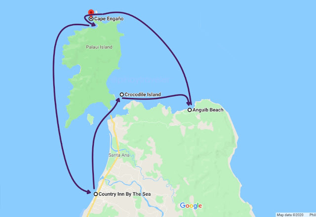 boat tour itinerary illustration Sta Ana, Crocodile Island, Anguib Beach and Cape Engano Lighthouse