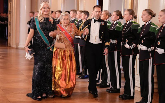 Crown Princess Mette-Marit wore a black long dress by Emilio Pucci. Diamond tiara. Princess Astrid and Laura Mattarella