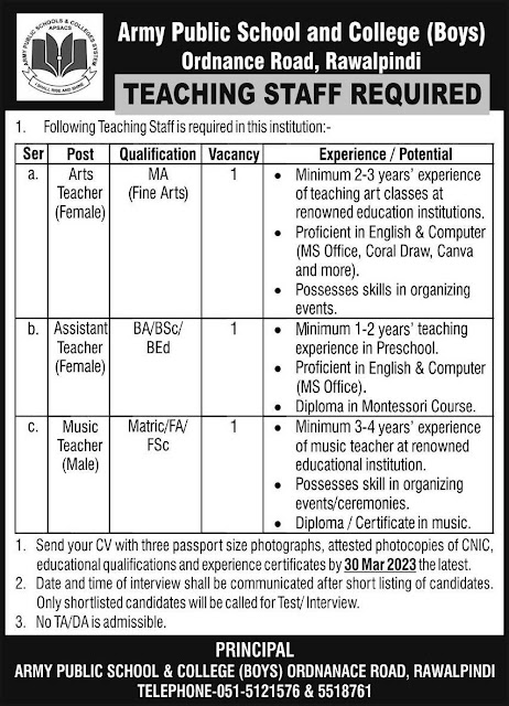 Army Public School APS Rawalpindi Jobs 2023