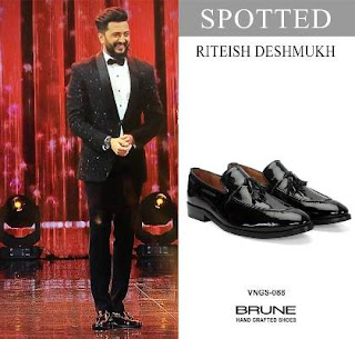 Riteish Deshmukh in BLACK PATENT LEATHER APRON TOE SIDE LACING TASSEL LOAFERS BY BRUNE