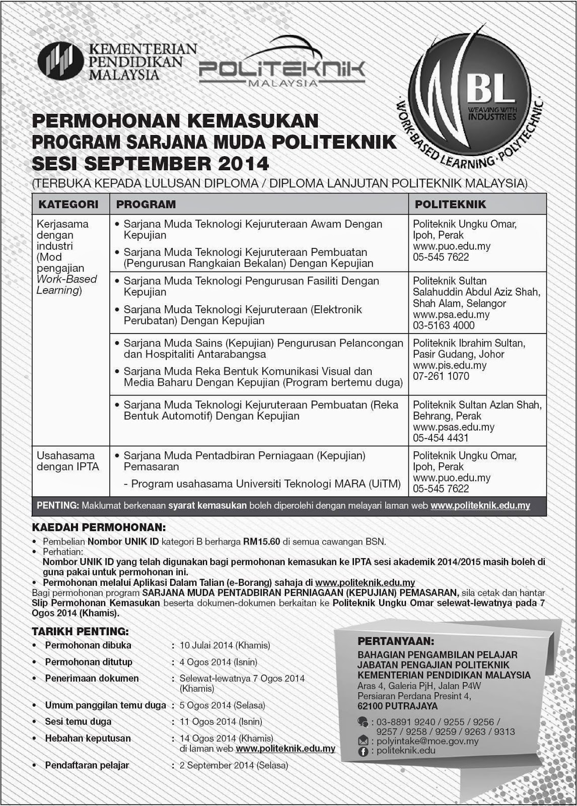 Permohonan Kemasukan Program Sarjana Muda Politeknik Sesi September 2014