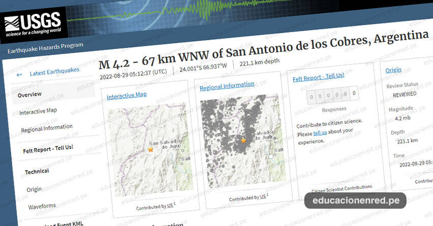 Temblor en Argentina de Magnitud 4.2 (Hoy Domingo 28 Agosto 2022) Terremoto - Sismo - San Antonio de los Cobres - En Vivo Twitter - Facebook - www.earthquake.usgs.gov
