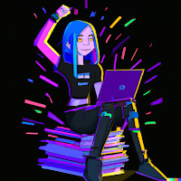 A cyberpunk illustration of a successful ecstatic student with laptop and books