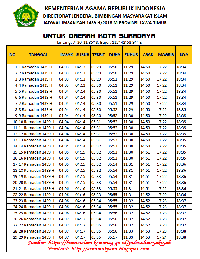 JADWAL IMSAKIYAH PUASA RAMADHAN 2018 / 1439 H  PENDIDIKAN 