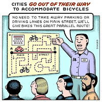 Cartoon by the genius Andy Singer of a planner showing a map to an audience where the car drivers have a direct route from A to B, but the bike riders have to ride a much longer route with many turns and twists to get to the same point.