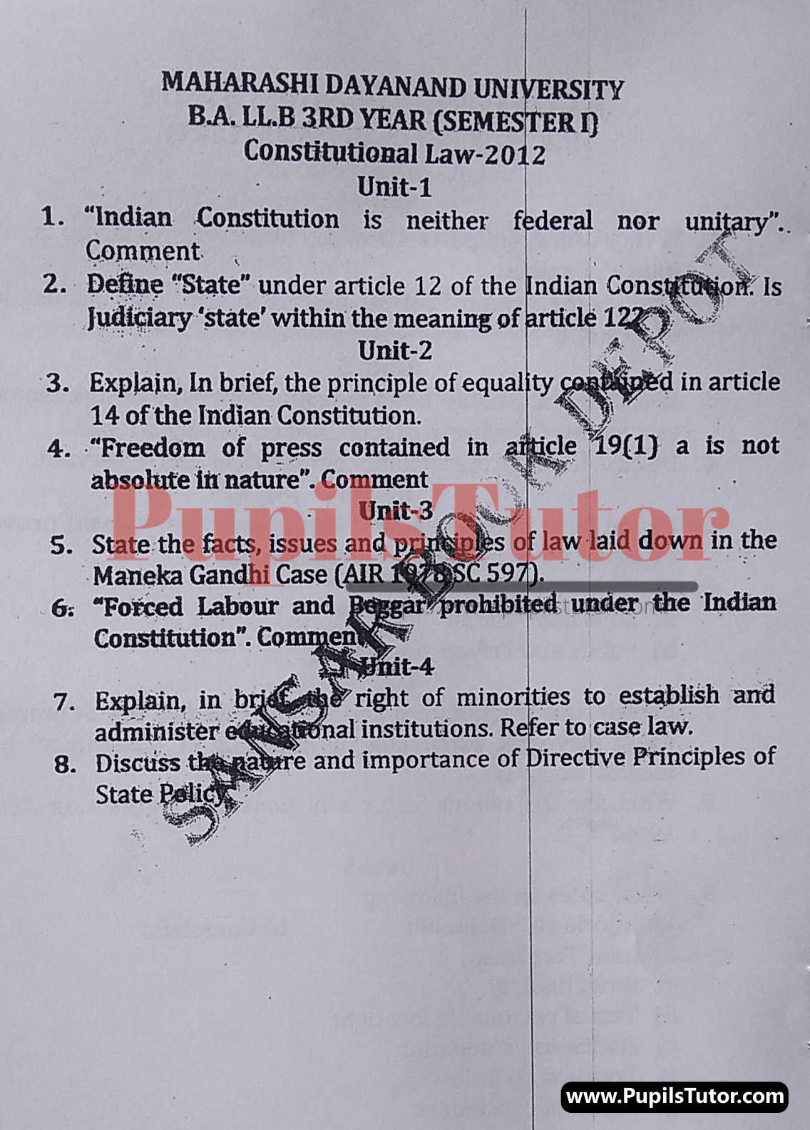 MDU (Maharshi Dayanand University, Rohtak Haryana) LLB Regular Exam (Hons.) First Semester Previous Year Constitutional Law Question Paper For 2012 Exam (Question Paper Page 1) - pupilstutor.com