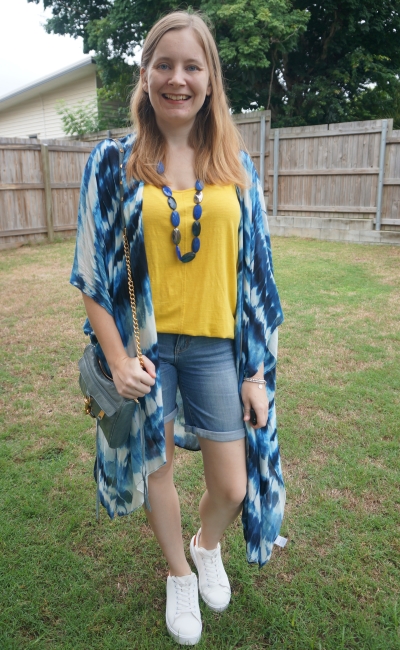 navy tie dye kimono, complimenting accessories, shorts and mustard tank | away from blue