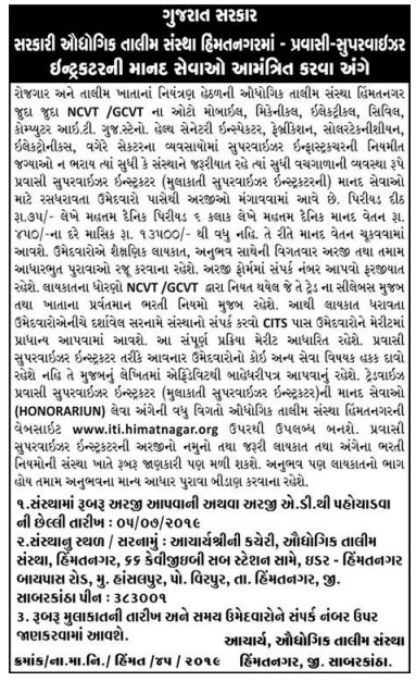 ITI Himatnagar Recruitment for Pravasi Supervisor Instructor Posts 2019