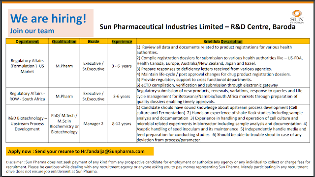 Sun Pharma Walk In Interview For Regulatory Affairs and R&D Biotechnology