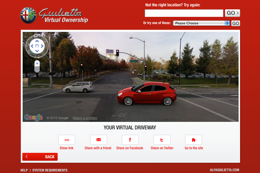 Alfa Romeo Virtual Ownership Using the Street View API users can plug in