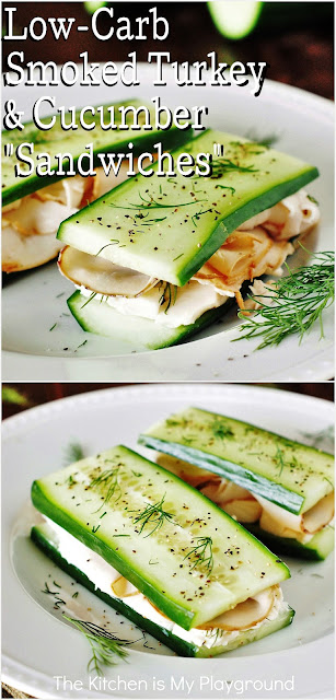 Low-Carb Smoked Turkey & Cucumber "Sandwiches" ~ Looking for low-carb lunch ideas? Super easy no-bread cucumber "sandwiches" have got you covered! Easy to make, full of flavor, & a delicious lower-carb option when you want to enjoy a "sandwich" without that bread.  www.thekitchenismyplayground.com