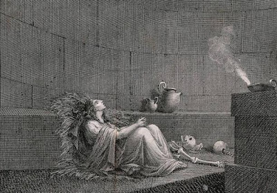 Cornelia, la Vergine Vestale, era sepolta viva circondata da ossa nella prigione sotterranea. Incisione linea di G. Machetti secondo B. Pinelli.