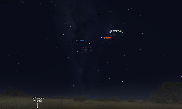 Mặt Trăng đến gần ngôi sao Antares - Trái tim của con bọ cạp Scorpius. Hình minh họa bởi phần mềm Stellairum.