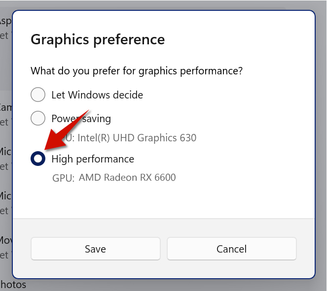 The last step is to choose High performance for your graphics performance. This allows your app to use the discrete GPU.