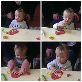 collage of 4 pictures of toddler playing with play dough